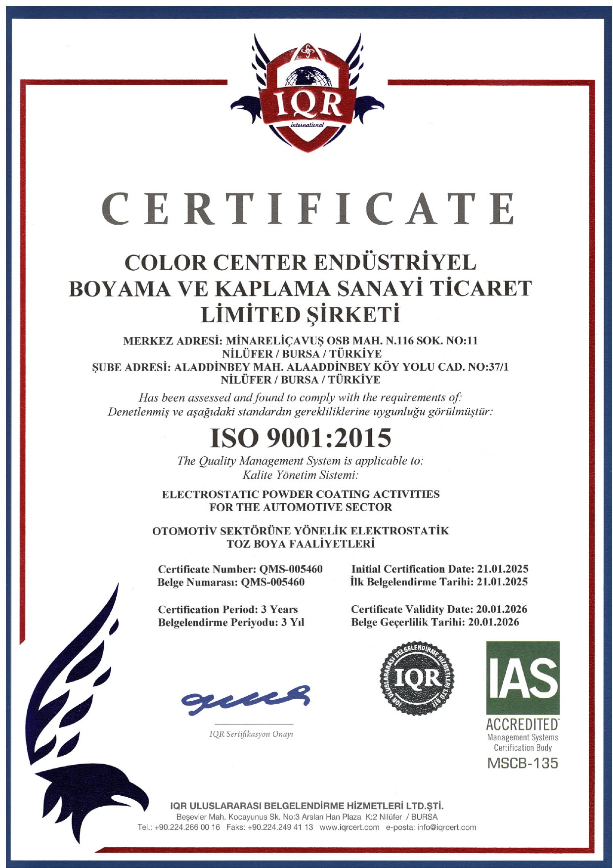 Color Center ISO 9001:2015 Quality Management System certificate